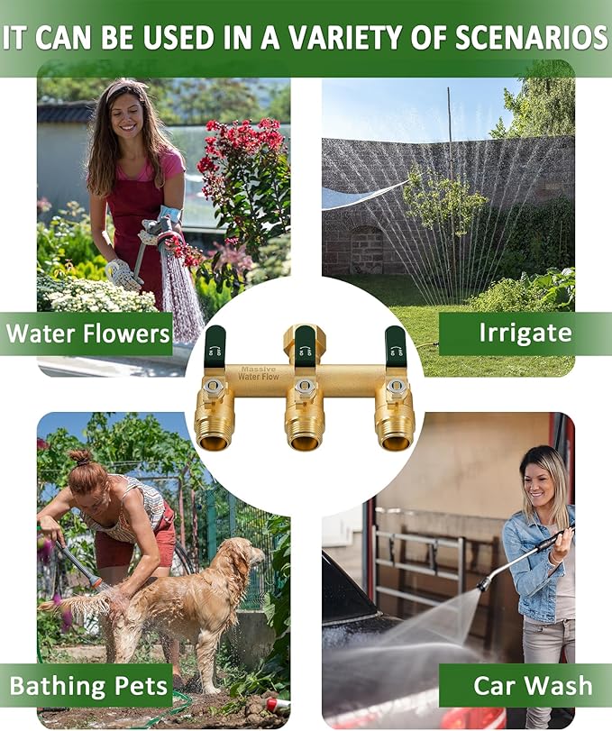 3 Way Hose Splitter, Heavy Duty Full Flow Garden Water Hose Bib Spigot Splitter, Brass Rust and Freeze Resistant Outdoor Faucet Splitter, T Adapter Connector with 3/4 - Inch GHT Thread （Green）
