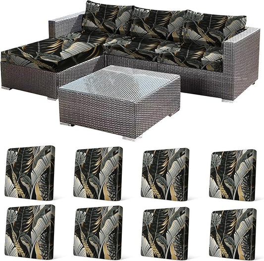 CALBODE 8 Pcs Stretch Outdoor Seat Cushion Covers, Botanical Chair Seat Cover for Patio Furniture Cushions Washable Reusable Indoor and Outdoor Couch Cover Replacement (Black&Gold Leaves, Cover Only)