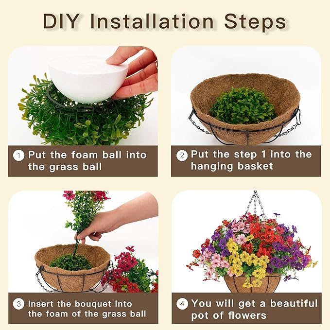 Senjie 4 Set Artificial Hanging Flowers with Basket for Outdoor Decor, UV Resistant 48 Bundles Faux Flowers Fake Hanging Planter for Porch Patio Balcony