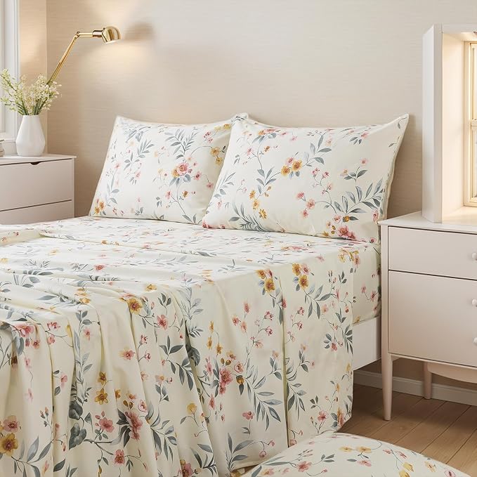 FADFAY Floral Sheets Set Twin Vintage Pink Floral Bedding Shabby Beige Elegant Botanical Sheets Rustic Farmhouse Bedding 800 Thread Count 100% Egyptian Cotton Deep Pocket Fitted Sheet 4Pcs, Twin Size