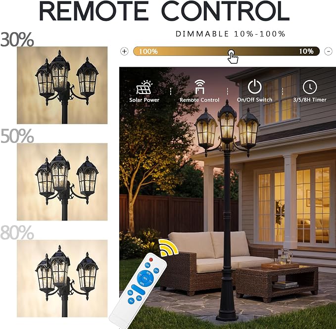 Emliviar 82.7" 3-Head Outdoor Solar Lamp Street Lights, Dusk to Dawn Post Lighting for Driveway Garden, LED Exterior Black Pole Light with Water Grain Glass, YXE302PL-3 SL BK