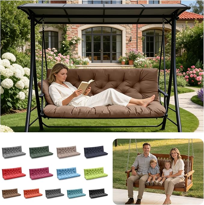 Porch Swing Cushions, Outdoor Swing Replacement Cushions 3 Seater with Backrest, Waterproof Bench Cushion with Ties,for Patio,Porch, Garden,Backyard