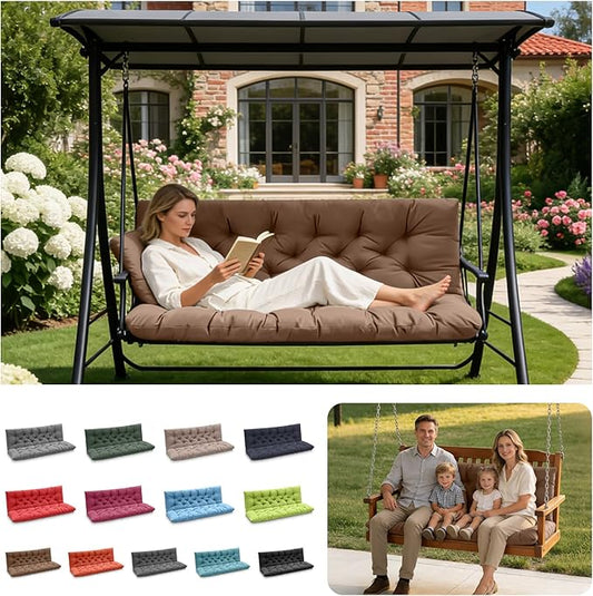 Porch Swing Cushions, Outdoor Swing Replacement Cushions 3 Seater with Backrest, Waterproof Bench Cushion with Ties,for Patio,Porch, Garden,Backyard(Coffee 47 * 40 in)