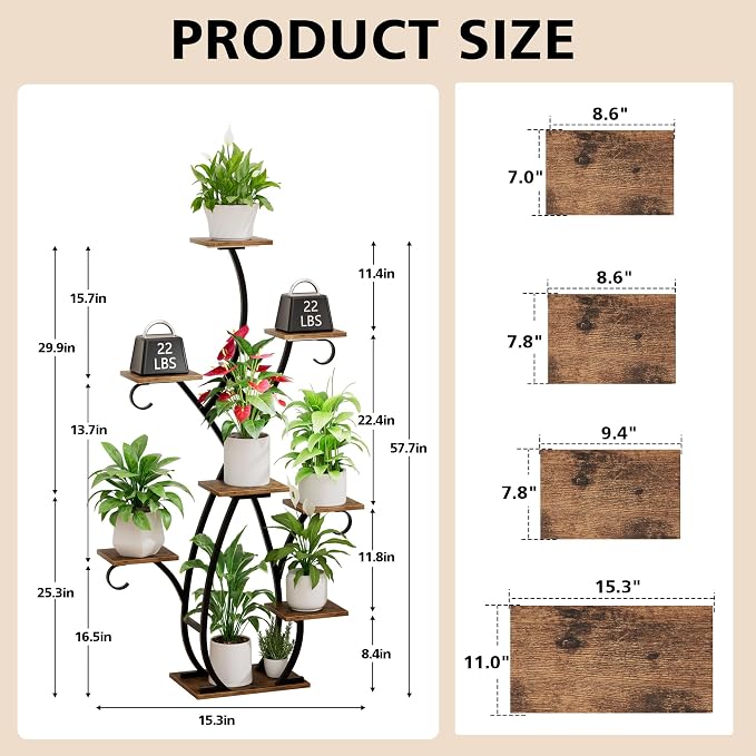 EVAWOO Plant Stand Indoor with Grow Lights - 58" Tall Plant Shelf Indoor, 8 Tiered Corner Lighted Plant Stand for Indoor Multiple Plants, Metal Flower Stands Display Rack for House, Patio, Black