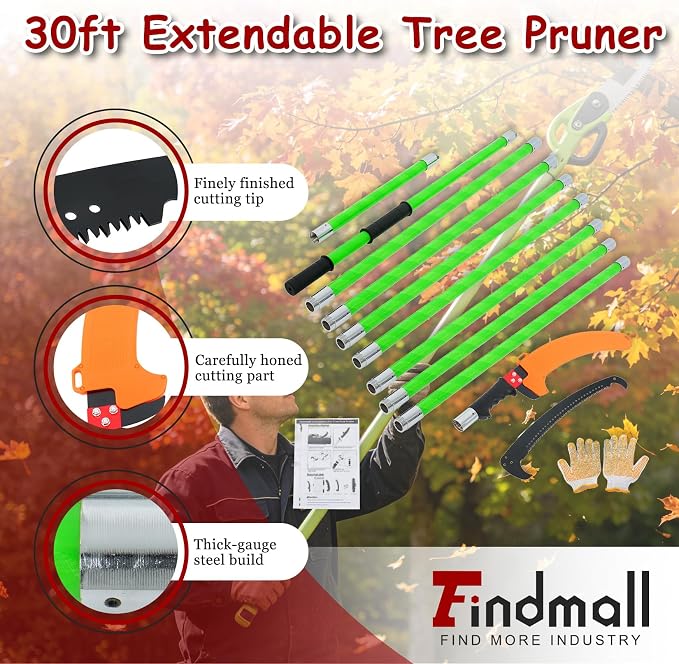 findmall 30ft Manual Pole Saw Extendable Tree Pruner Sharp Steel Blade High Branches Trimming for Pruning Palms and Shrubs with 9 Long Handles No with Scissors Green