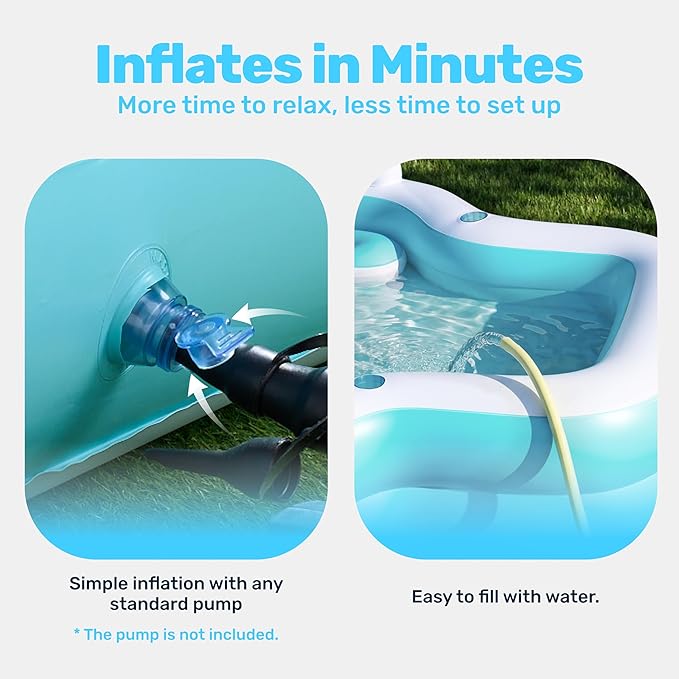 SLOOSH Inflatable Pool for Family with Seats, 120" x 101" x 26" Full-Sized Blow Up Durable Thickened Above Ground Pool with Backrest Cup Holders,Swimming Pools for Backyard Summer Water Lawn, Cyan
