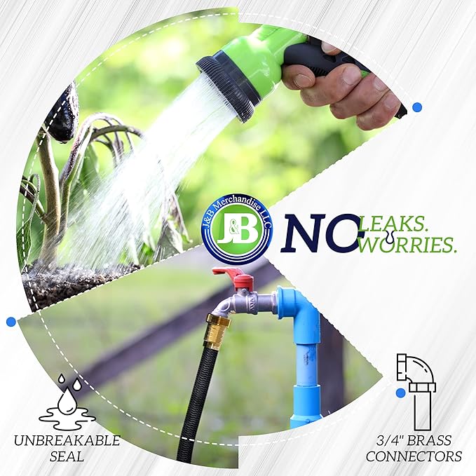 J&B XpandaHose 100ft Expandable Garden Hose – Ultra-Strong 3750D, 4-Layer Latex Core, Brass 3/4" Connectors, 10-Pattern Nozzle & Storage Bag – Lightweight, Kink-Reducing, Leak-Resistant