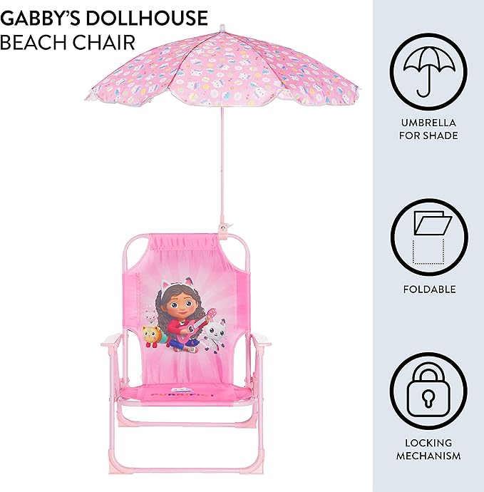 Gabby’s Dollhouse Kids Folding Beach Chair with Umbrella, Outdoor Chair for Girls Ages 3+,Portable, Lightweight, UV Protection - Patio, Pool, Beach Travel Accessory