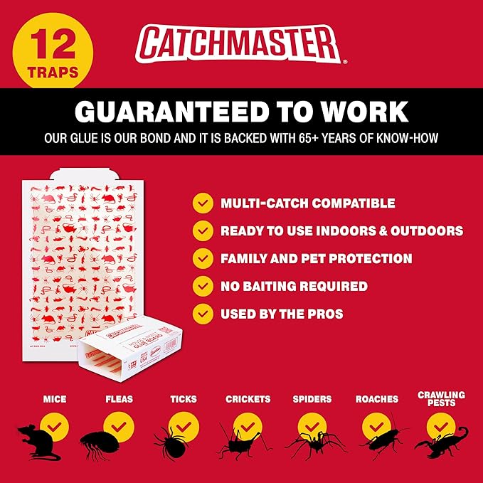 Catchmaster Extra Sticky Insect & Mouse Traps 12-Count, 5.3"x8" Glue Boards for Mice & Insects, Ultra Sticky Rat & MouseTraps Indoor for Home Use in Garages, Basements & Attics, Pest Control for Home