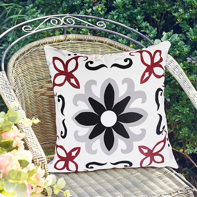 Pyonic Black White Gray Outdoor Pillows Waterproof Throw Pillow Covers Set of 4 Floral Printed and Boho Farmhouse Outdoor Pillow Covers for Patio Funiture Garden 18x18 Inch