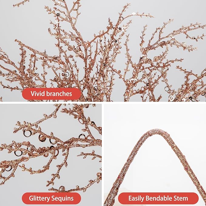 30.7" Christmas Champagne Glitter Stems, 5Pcs Artificial Spray Leaf Picks Tall Branches for Christmas Tree DIY Xmas Wreath Garland Arrangment Vase Bouquets Table Centerpieces Decoration Home Decor