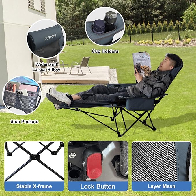 2-Pack Reclining Camping Chair 4 Position with Foot Rest Comfortable for Adults 265Ibs Folding Lounger Mesh Beach Chair with Cooler Bag and Cup Holder for Outdoor Patio