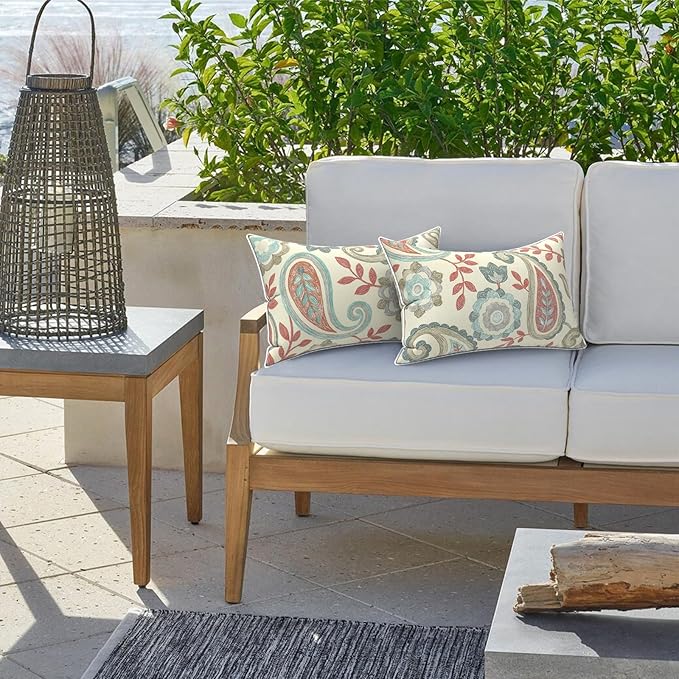 LVTXIII 2 Pack Outdoor Lumbar Pillow Covers 12x20 Inch with Piping, Water-Repellent Back Cushion Covers ONLY for Patio Furniture, Sofa, Garden Bench, Paisley Vintage