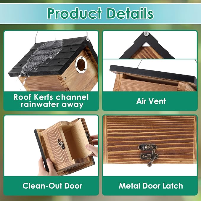 Dreyoo 2 Pack Wren House, 1-1/8'' Entrance Hole Hanging Wooden Wren Bird Houses for Outside with Metal Guard, Air Vents, Pine Wood for Chickadees (Black,Burnt Wood Color)