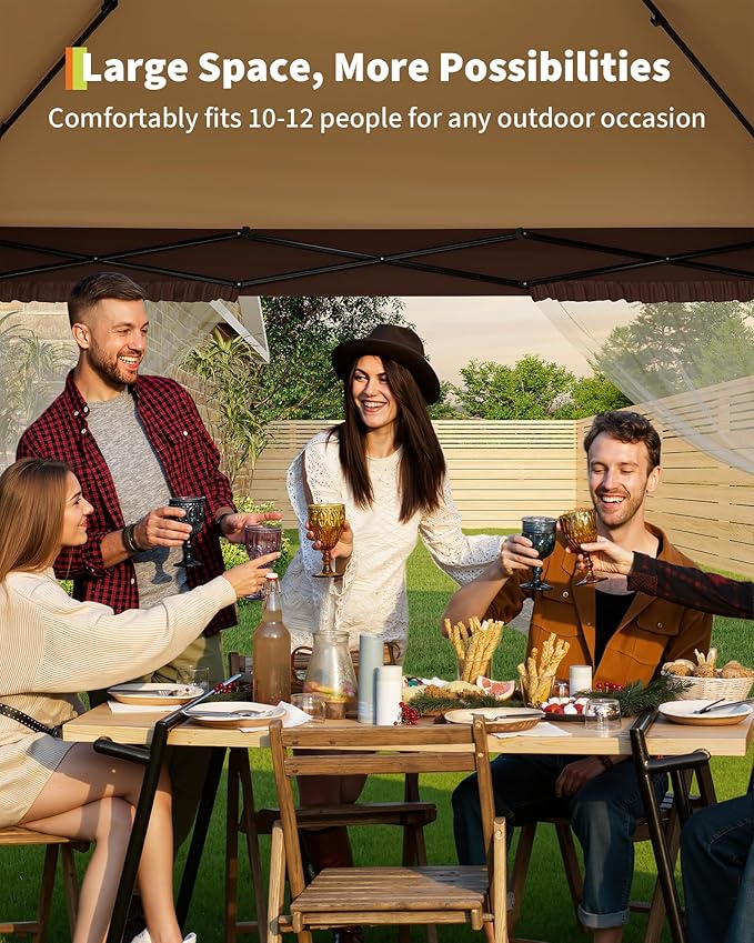 GarveeLife Canopy Tent 12x12 ft, Pop Up Gazebo One-Push Setup with 4 SandBags for Backyard Parties and BBQs, Mosquito Netting & Height Adjustable - Khaki & Coffee