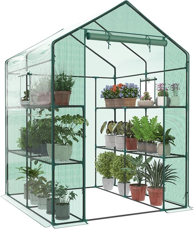 OLIXIS Outdoor Greenhouse, Walk-in Greenhouse with 2 Tier 8 Plant Shelves, Durable PVC Cover, 56"×56"×77" Portable Greenhouses for Outdoor Garden, Patio, Porch, Backyard Green Houses, Green