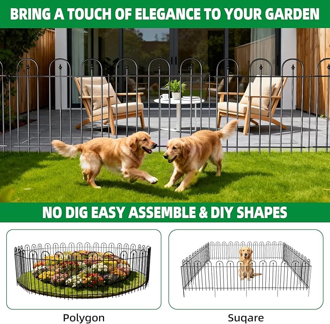 Garden Fence with Gate - 5 Panels, 32 in(H) x 12 ft(L) No Dig Animal Barrier, Arched Decorative Garden Fence Border with Ground Stakes, Rustproof Metal Fencing for Yard Patio Dog Rabbit