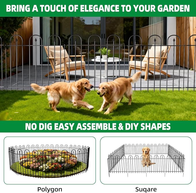 Garden Fence Animal Barrier - 10 Panels, 32 in(H) x 24 ft(L) No Dig Garden Fence, Arched Decorative Garden Fence Border with Ground Stakes, Rustproof Metal Fencing for Yard Patio Dog Rabbit