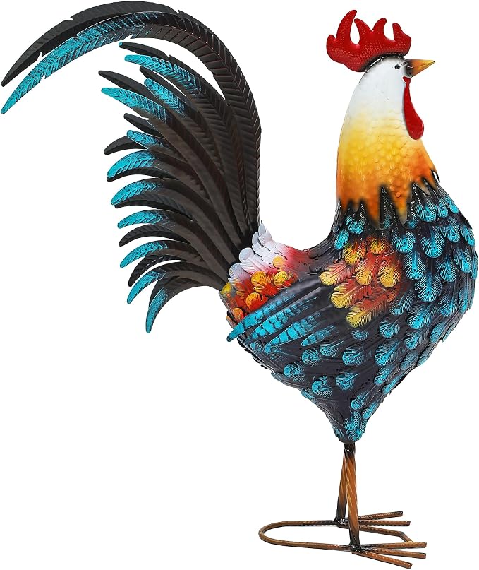 32in Large Metal Rooster Decor, Outdoor Garden Statues, Metal Chicken Sculpture for Backyard Patio Garden Kitchen Décor