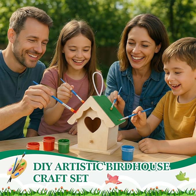 Joyfolk 20 Pcs 3.7" Wooden Heart Birdhouse Kits Valentines DIY Art Painting Bird House Craft Kit Unfinished Wood Bird Houses to Paint with Paints Brushes Gift for Garden Yard Projects Decor Gifts