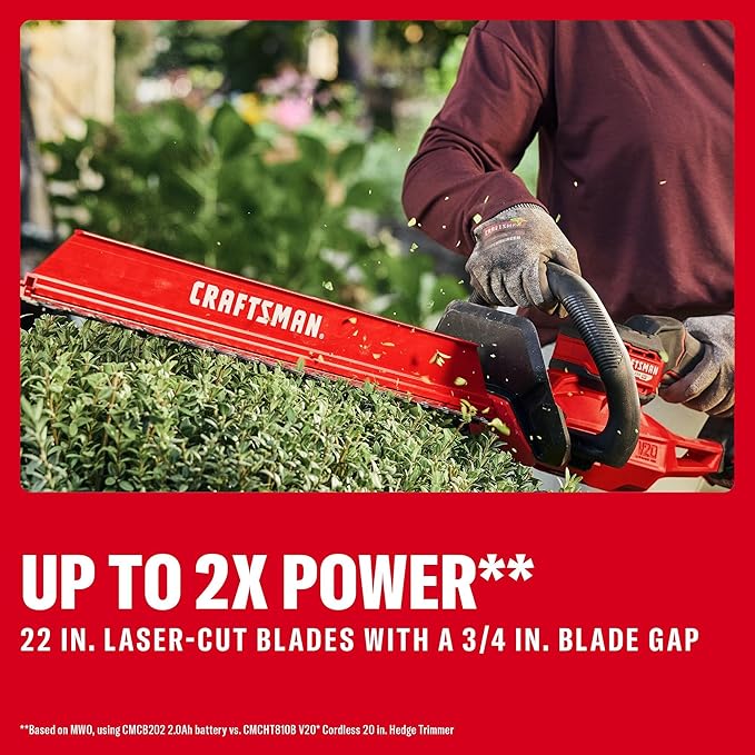 CRAFTSMAN V20 22 in. Hedge Trimmer Cordless with 2Ah Battery and Charger, Lightweight Brushless RP Bush Trimmer with Hedge Sweep Attachment, Longer Runtime, Up to 2X More Power (CMCHT830D1)