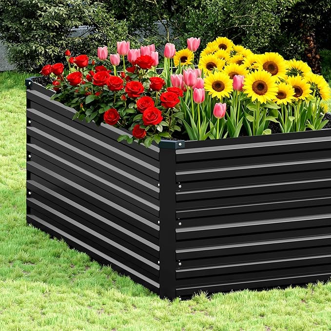 Vengarus 4x2x2FT Galvanized Raised Garden Bed Kit, Deep Root Planter Box Outdoor Large Planter Raised Beds for Planting Flowers,Vegetables and Herbs-Black