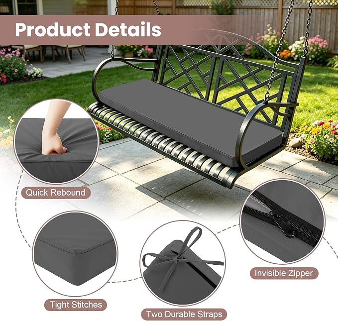 Outdoor Bench Cushions for Outdoor Furniture, 42x18 Inch, Waterproof Patio Furniture Cushion, Fade Resistant Bench Cushions for Porch Swing, Long Bench, Indoor, Dark Grey