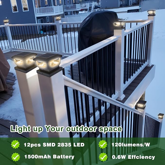 Sumaote Solar Post Cap Lights, 120 Lumen 3000K Warm White LED for 3x3 Metal/Vinyl & 4x4 Wood Posts, IP65 Waterproof Outdoor Garden Fence Deck Lighting, Dusk-to-Dawn Auto On/Off (4 Pack)