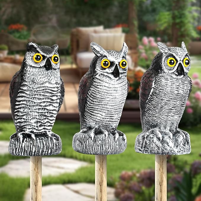 3-Pack Realistic Owl Statues for Outdoor Decor – Garden, Yard, Patio Decoration – Lifelike Bird Sculpture for Bird Control