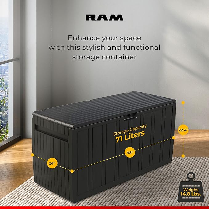 Ram Quality Products 71 Gallon Plastic Outdoor Backyard Storage Bin Deck Box for Patio Furniture Cushions,Tools, and Pool Accessories, Brown