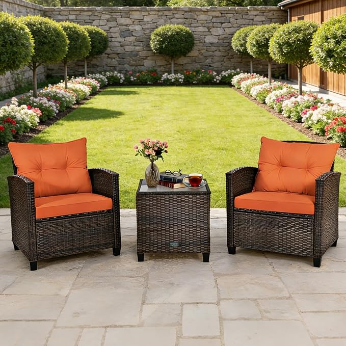 COSTWAY 3PCS Patio Furniture Set, PE Rattan Wicker Sofa w/Washable Cushion and Coffee Table, Tempered Glass Tabletop, Outdoor Conversation Set for Balcony, Porch, Yard, Backyard, Lawn (Orange)
