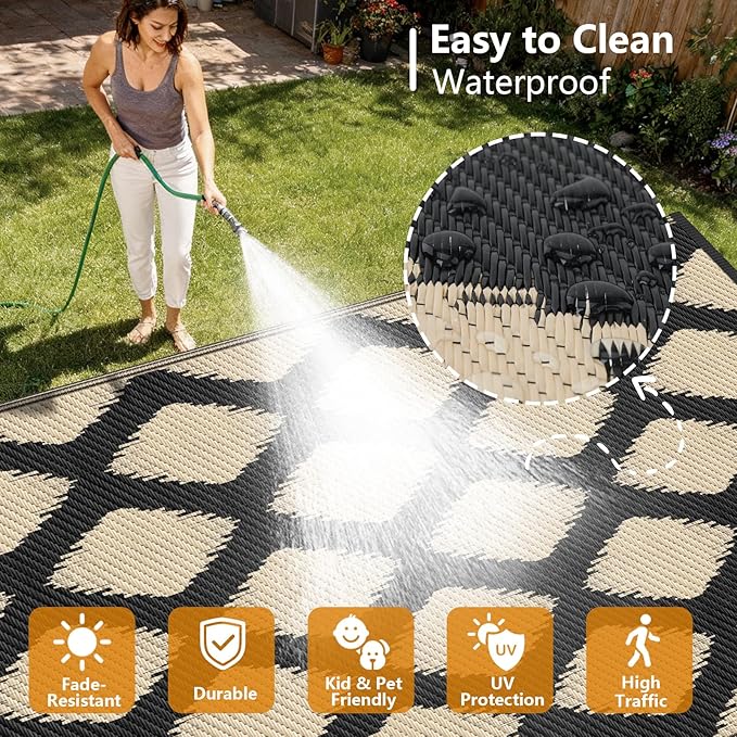 COOLTOP 9'x12’ Outdoor Rug for Patios Porches, Waterproof Plastic Camping Rugs, Modern Reversible Mat, Large Area Rugs for Backyard, Deck, RV, Balcony, Picnic, Beach, Black & Beige