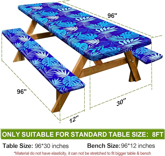 Play Tailor Picnic Table Cover with Bench Covers Camping Essentials Waterproof Windproof Camping Tablecloth with Drawstring Bag, Fitted Rectangle Tables and Seats, 96in, Dark Blue