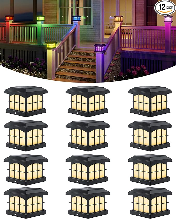 PARTPHONER RGBCW Solar Post Cap Lights 12-Pack, 9 Colors 3 Modes Fence Cap Lights, Bright Solar Outdoor Waterproof LED Deck Lighting for Fence Garden Deck Patio Porch Decor 4x4 Vinyl/Wood, Black
