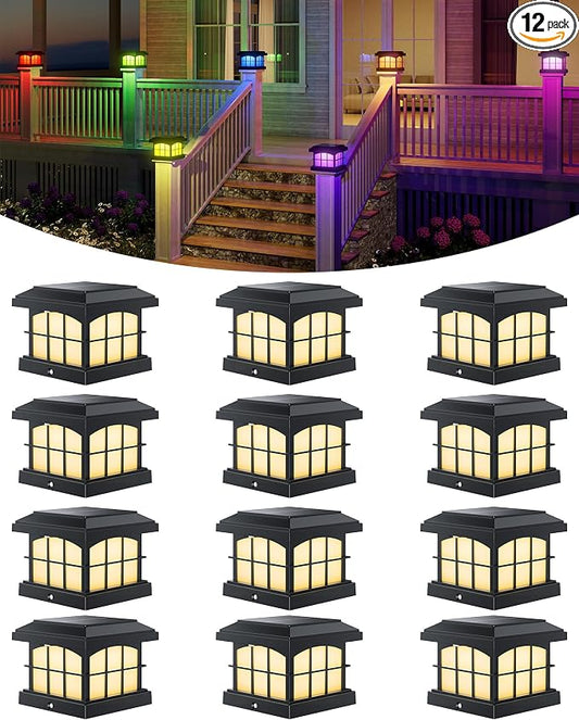 PARTPHONER RGBCW Solar Post Cap Lights 12-Pack, 9 Colors 3 Modes Fence Cap Lights, Bright Solar Outdoor Waterproof LED Deck Lighting for Fence Garden Deck Patio Porch Decor 4x4 Vinyl/Wood, Black