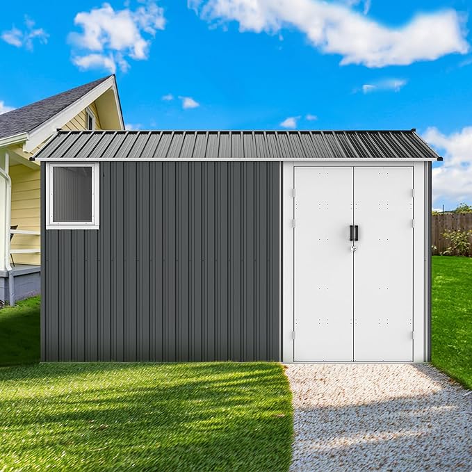 YOPTO 8x12 Ft Outdoor Storage Shed with Floor Frame and Window,Large Metal Utility Tool House W/Double Hinged Door & 4 Air Vents,All Weather Waterproof Garden Sheds for Backyard,Patio,Lawn,Dark Gray
