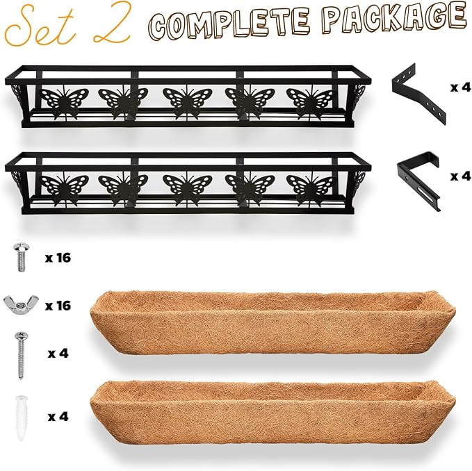 Window Box Railing, 24IN Black Metal Hanging Flower Planter Basket with Coco Liner for Outdoor Balcony Porch Fence Patio for Home, Office and Hotel (Black - 2 Pcs/Set)