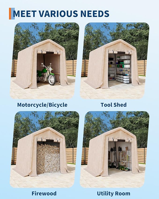 GarveeLife 6x6 ft Outdoor Portable Storage Shed with Roll-Up Door & Vent, 240G Heavy-Duty Shelter Waterproof PE Tarp, UV-Resistant Storage Sheds for Motorcycle, Firewood, Garden and Tools -Khaki