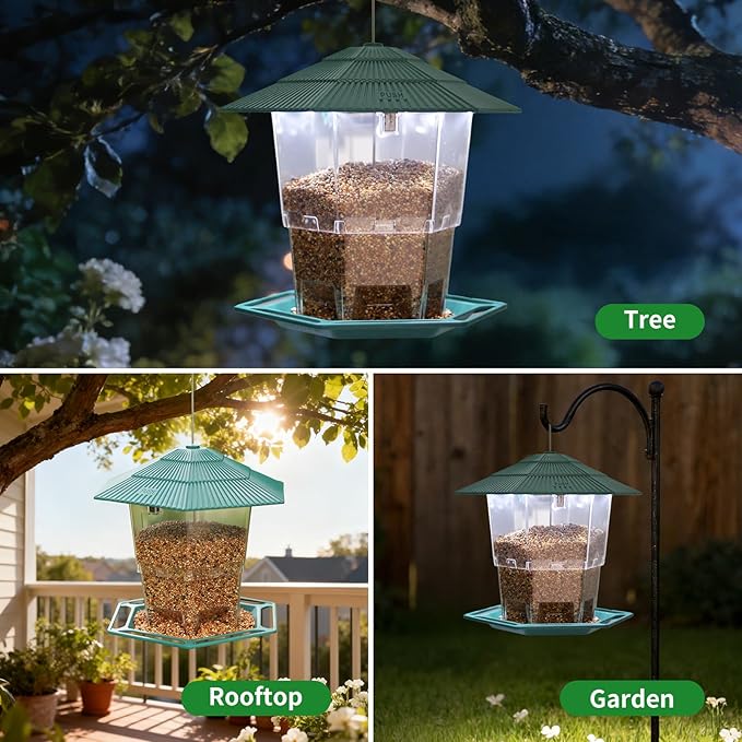 Solar Bird Feeder for Outdoors Hanging,Green Hanging Wild Bird Feeders with S Hook for Blue Bird, Cardinals, Finches,Wild Birds Seed Feeder, As Gift for Bird Lovers