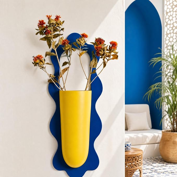 Wall Mount Flower Vase Detachable Metal Wall Plant Pot 2 Pack | Scalloped Wavy Border Wall-mounted Planter Modern Color Block Wall Decor Vase for Home Floral Display