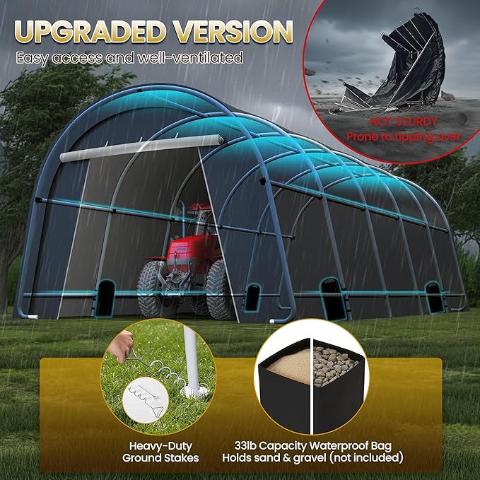 FansaFurn Domed Carport with 4 Cloth Bags, Portable Garage with 2 Roll-up Doors, Heavy Duty Car Canopy Party Tent, All-Season Storage Shelter Shed for Boat, Truck, or Garden Tools, 12' x 25'