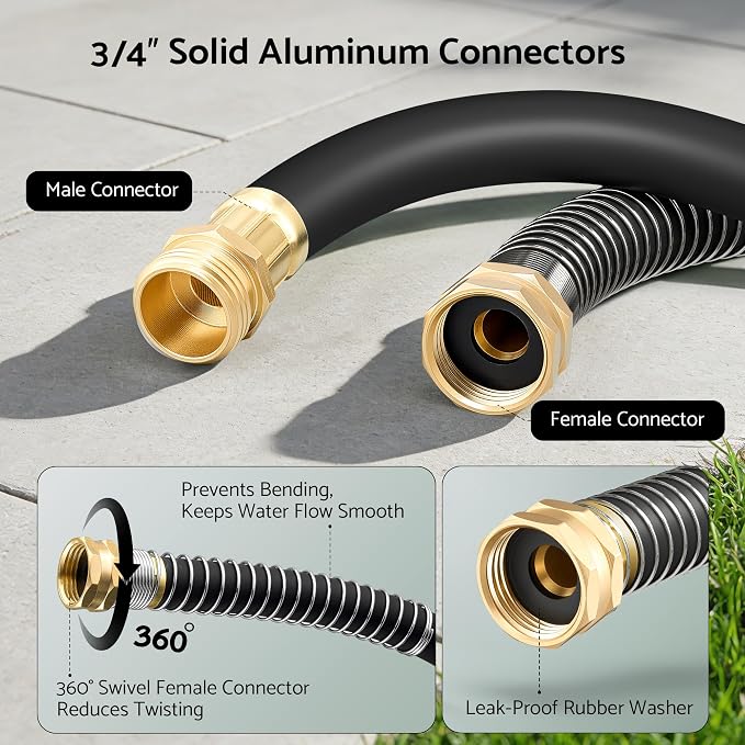 Heavy Duty Garden Hose 100 ft x 5/8", 5-Layer Hybrid Rubber Water Hose with 3/4" Swivel Brass Male to Female Fittings, 1000 PSI Burst, Leak-Proof & Weather Resistant for Lawn, Backyard, Black