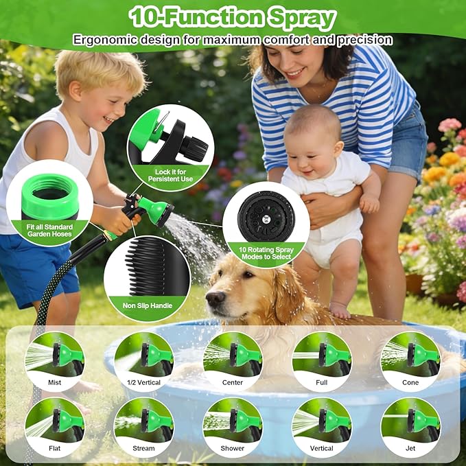 Garden Hose 50ft, Non-Expanding Flexible Hose with 10 Function Nozzle, Lightweight, Kink Free, Sturdy, Leak-Proof, Portable, Water Hose 50ft for Outdoor, Yard, Lawn, Car Wash and Camper Use