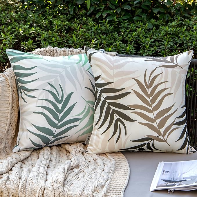 MIULEE Pack of 2 Decorative Outdoor Waterproof Throw Pillow Covers Patio Pillow Cases Natural Leaves Pattern Spring Square Cushion Shams Shell for Garden Balcony Couch 20x20 Inch, Coffee Brown