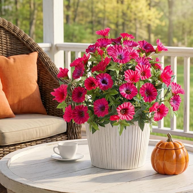 Rose Red Artificial Morning Glory Flowers for Outdoor Planters, Premium UV Resistant Silk Faux Flowers for Porch, Hanging Basket & Window Box, Summer Garden Decor, No Pot, 13.3 Inch, 4 Bundles