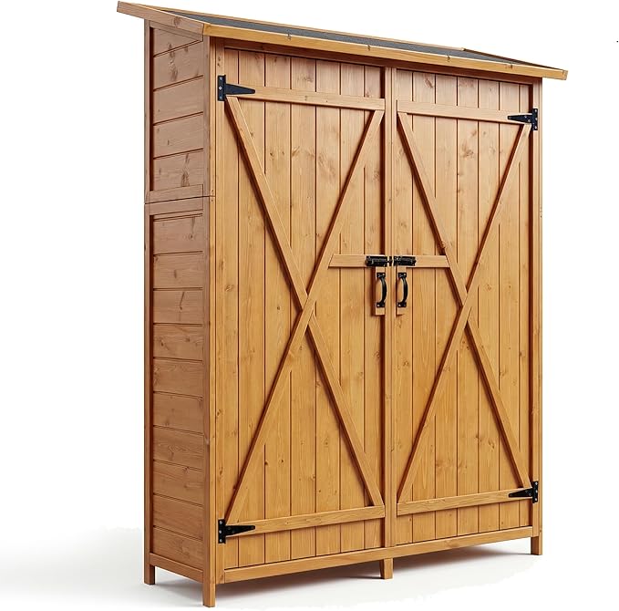 Wooden Outdoor Storage Cabinet with 2 Shelves & Lockable Doors - Waterproof Garden Tool Shed with Floor for Patio, Backyard, Deck, Lawn Organization & Large Storage Space