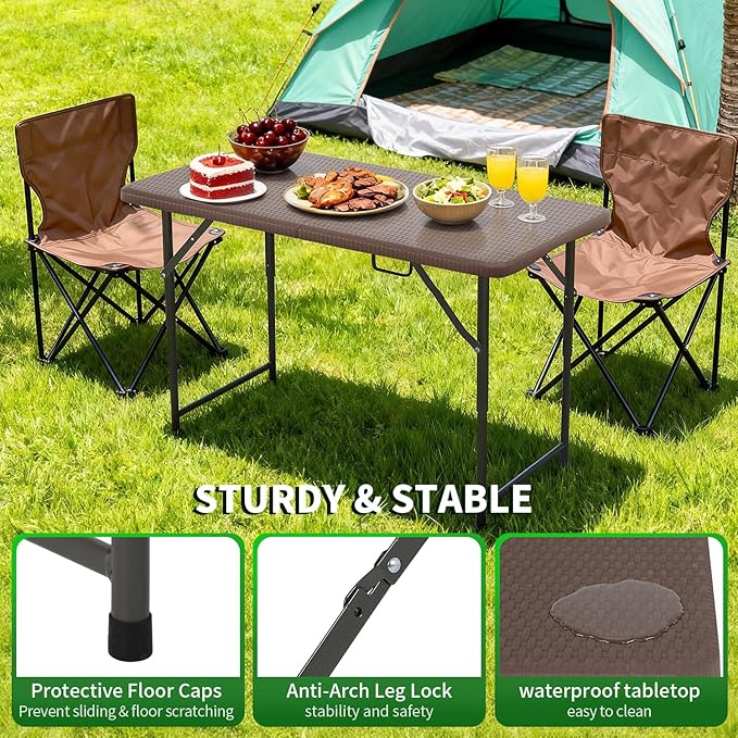 BestOffice 4 FT Picnic Table Folding Table Camping Plastic Table Fold Up Table Lock for Party Event, Brown Ratten