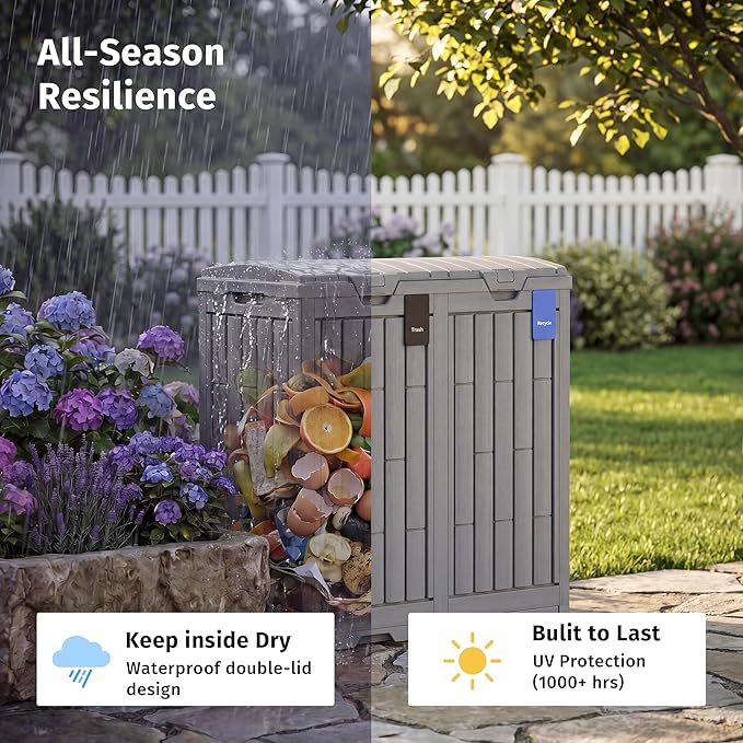 EAST OAK 76 Gallon Outdoor Trash Can | Waterproof Resin Garbage Can with Tiered Lid & Drip Tray | Outside Trash Bin for Patio | Kitchen, Backyard & Deck | Gray Color