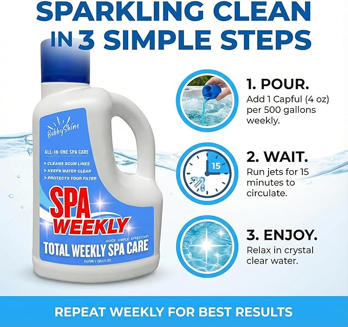 5-in-1 Hot Tub Chemicals – Spa Weekly Cleaner & Clarifier, Weekly Hot Tub Cleaner, Filter Protector + Water Conditioner, Clear Finish for Spas & Inflatable Tubs, 3 Liter (101.5 fl oz) – BubbyShine
