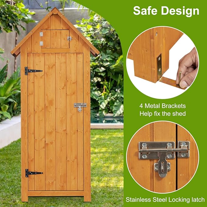 FairOnly Outdoor Shed Storage Cabinet, Garden Wooden Sheds, Outside Storage Cabinet Weather Proof with Floor, Fir Wood Tool Organizer with Door and Shelves for Backyard, Hallway (Natural)